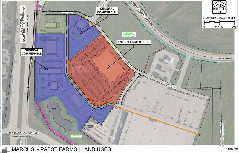 Marcus Corp. has asked the City of Oconomowoc to amend two Pabst Farms planning documents to allow this layout of uses on a 16.5-acre parcel between Summit Avenue and the Fleet Farm building just north of Interstate 94. It's a prelude to plans for a movie theater at the location.