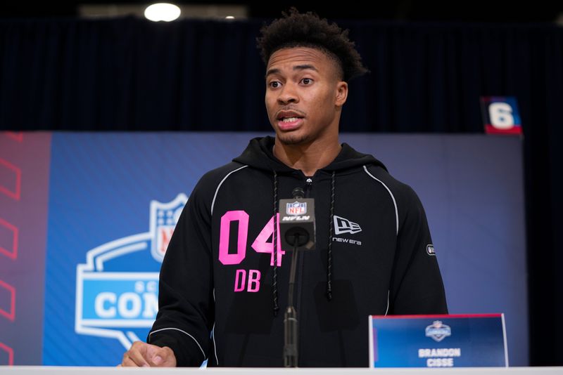 Feb 26, 2026; Indianapolis, IN, USA; South Carolina defensive back Brandon Cisse (DB04) speaks to members of the media during the NFL Combine at the Indiana Convention Center. Mandatory Credit: Jacob Musselman-Imagn Images