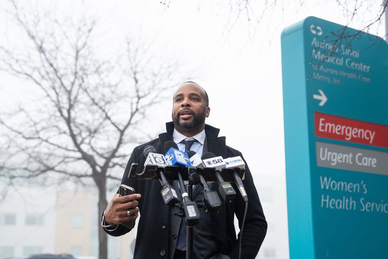 Attorney B’Ivory LaMarr spoke on March 5 outside of the Aurora Sinai Medical Center in Milwaukee. LaMarr is representing the family of 40-year-old Christopher Robinson Jr., who was shot March 2 after hospital security staff failed to stop a weapon from making it through security. Robinson is on life support at Froedtert Hospital, LaMarr said.