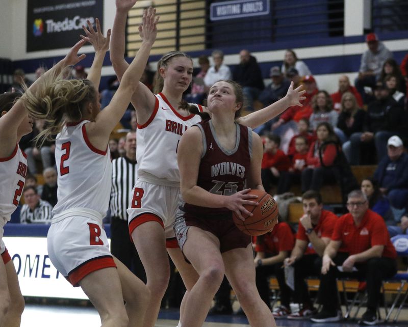 Winneconne's Grace Mitchell drives to the basket against Brillion at Waupaca High School in a sectional semifinal matchup on Thursday, March 5, 2026. Winneconne won 61-44.