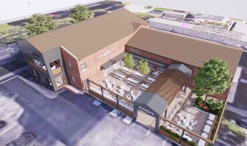 An overhead rendering shows One Barrel Brewing Co.'s proposed plans to convert 303 Reid St., currently the Abbey Bar, into a new brewery, taproom and small-plate restaurant. The taproom and restaurant would be separate, but share outdoor space.