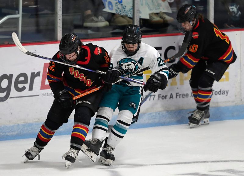St. Croix Valley Fusion's Morgan Kivel (12) and Bay Area Ice Bears' Faye Brunke (28) get tangled up during their WIAA girls championship hockey game March 7 in Middleton. Brunke scored three goals in the Ice Bears' victory.