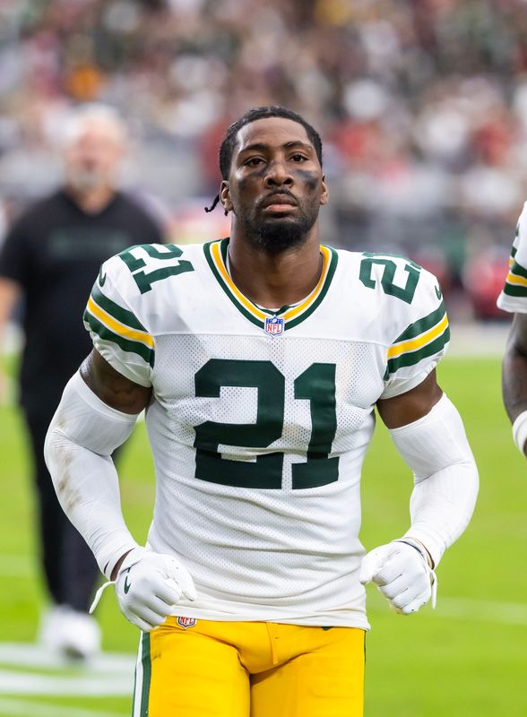 Oct 19, 2025; Glendale, Arizona, USA; Green Bay Packers cornerback Nate Hobbs (21) against the Arizona Cardinals at State Farm Stadium. Mandatory Credit: Mark J. Rebilas-Imagn Images