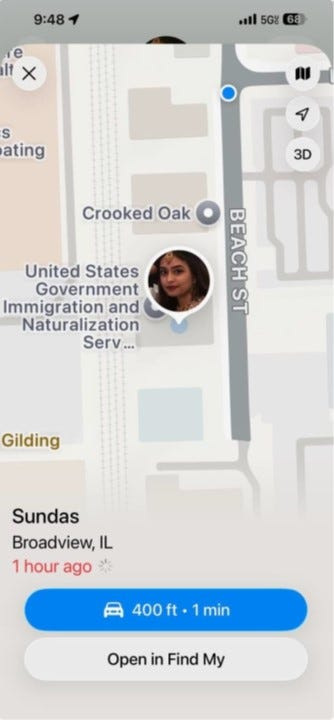 Sunny Naqvi's phone location appears at Broadview immigration detention center in Illinois about 9:48 p.m. on March 6 in this screenshot provided by Cook County Commissioner Kevin Morrison, a friend of Naqvi's.