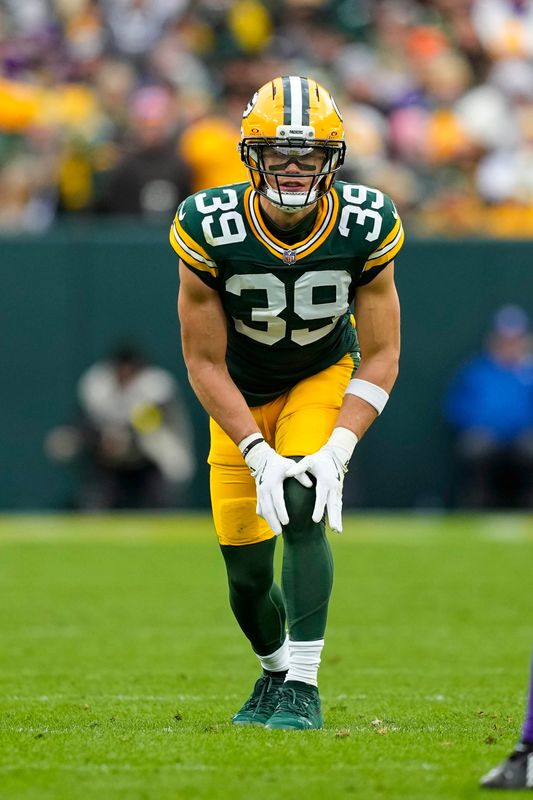 Nov 23, 2025; Green Bay, Wisconsin, USA; Green Bay Packers safety Zayne Anderson (39) during the game against the Minnesota Vikings at Lambeau Field. Mandatory Credit: Jeff Hanisch-Imagn Images