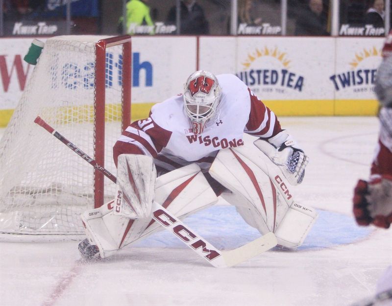 Wisconsin goaltender Daniel Hauser guards the net in a Big Ten quarterfinal at the Kohl Center in Madison, Wis. on March 11. 2026. Ohio State won, 7-1.