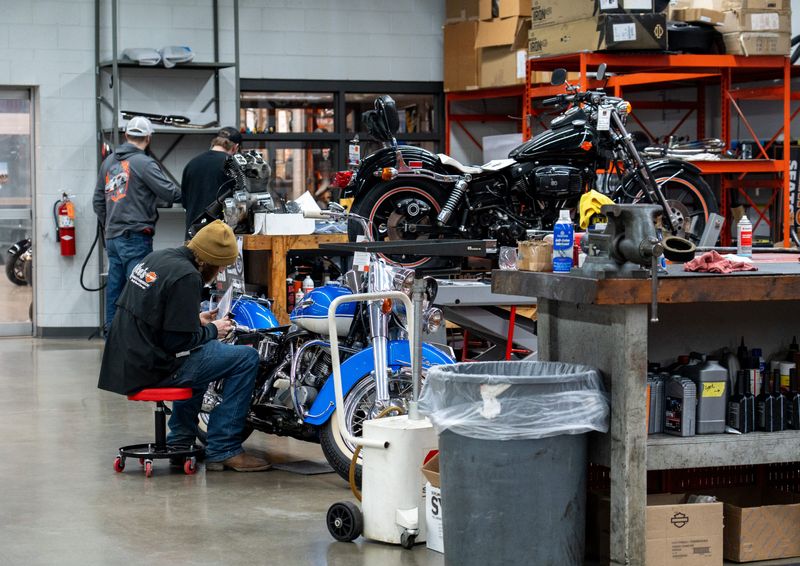 Technicians work on motorcycles at Uke's Harley-Davidson on Friday March 6, 2026 in Kenosha, Wisconsin.