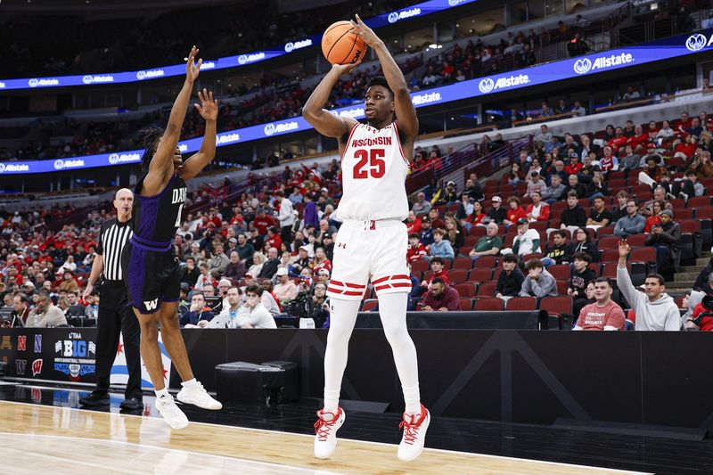 Mar 12, 2026; Chicago, IL, USA; Wisconsin Badgers guard John Blackwell (25) shoots against Washington Huskies during the second half at United Center. Mandatory Credit: Kamil Krzaczynski-Imagn Images