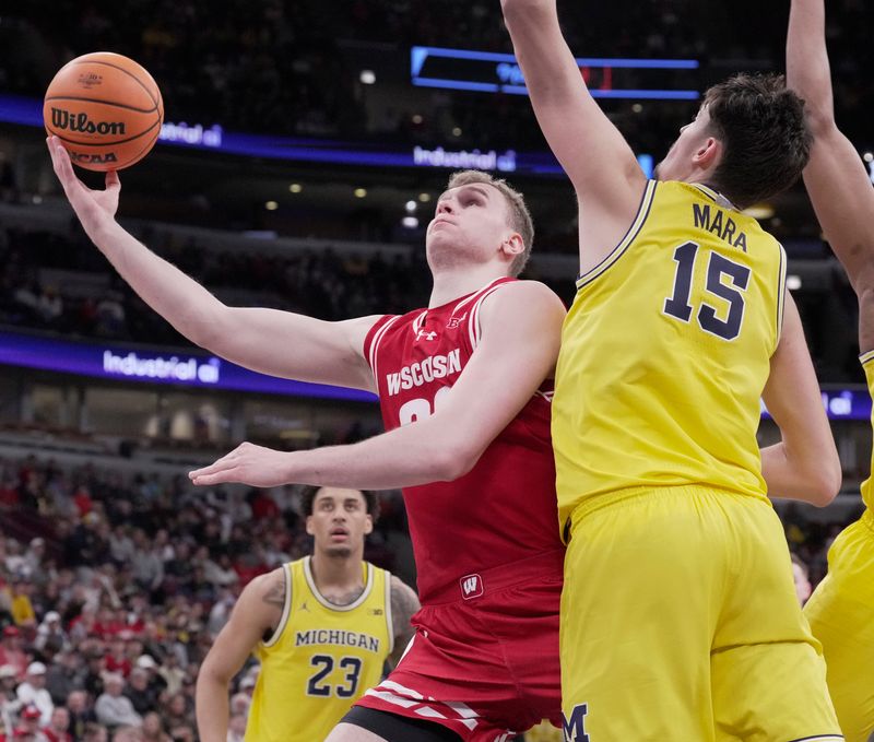 Wisconsin forward Aleksas Bieliauskas is fouled by Michigan center Aday Mara.