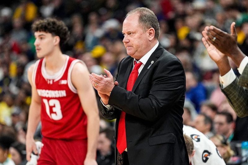 Wisconsin head coach Greg Gard reacts to a play against Michiganduring the first half of Big Ten Tournament semifinal at United Center in Chicago on Saturday, March 14, 2026.