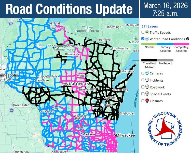 Road conditions as of 7:30 a.m. March 16, 2025.