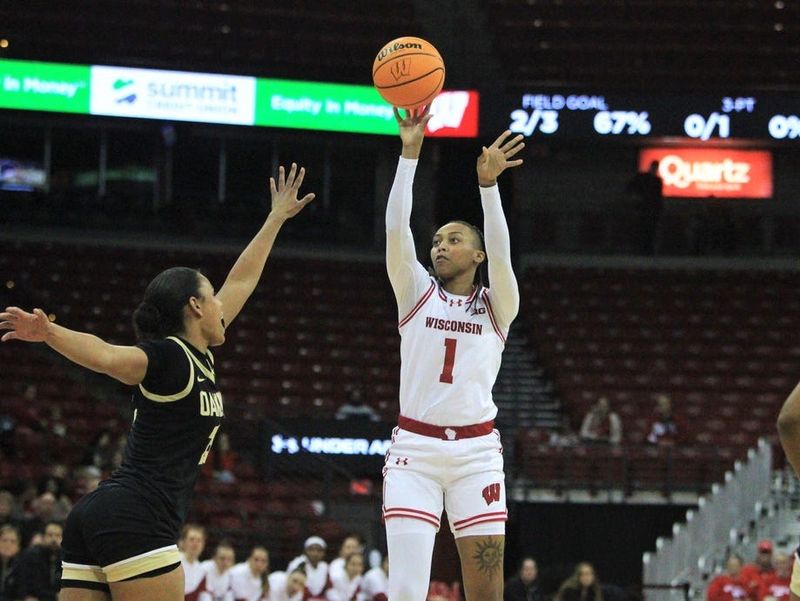 Wisconsin's Destiny Howell takes a shot during the first quarter of the season opener versus Oakland Wednesday Nov. 5, 2025 at the Kohl Center in Madison, Wis.