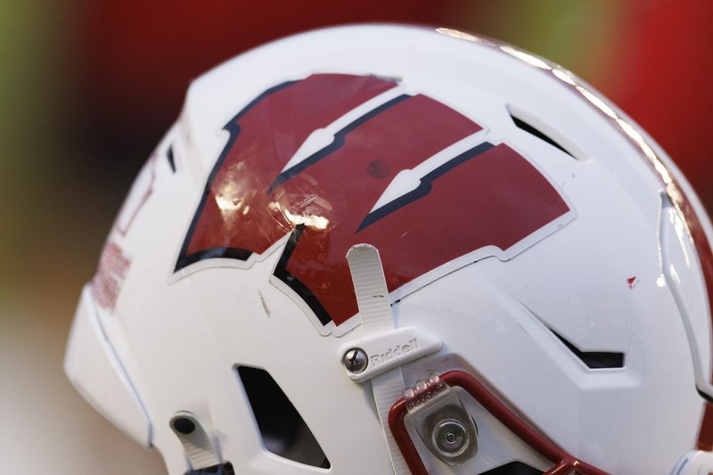 Oct 14, 2023; Madison, Wisconsin, USA; General view of a Wisconsin Badgers helmet during the game against the Iowa Hawkeyes at Camp Randall Stadium. Mandatory Credit: Jeff Hanisch-USA TODAY Sports
