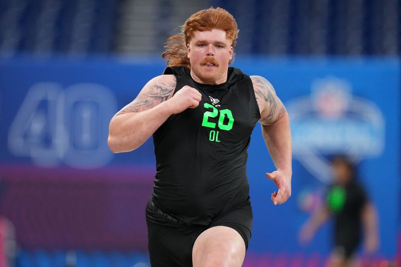 Mar 1, 2026; Indianapolis, IN, USA; Iowa offensive lineman Gennings Dunker (OL20) during the NFL Scouting Combine at Lucas Oil Stadium. Mandatory Credit: Kirby Lee-Imagn Images