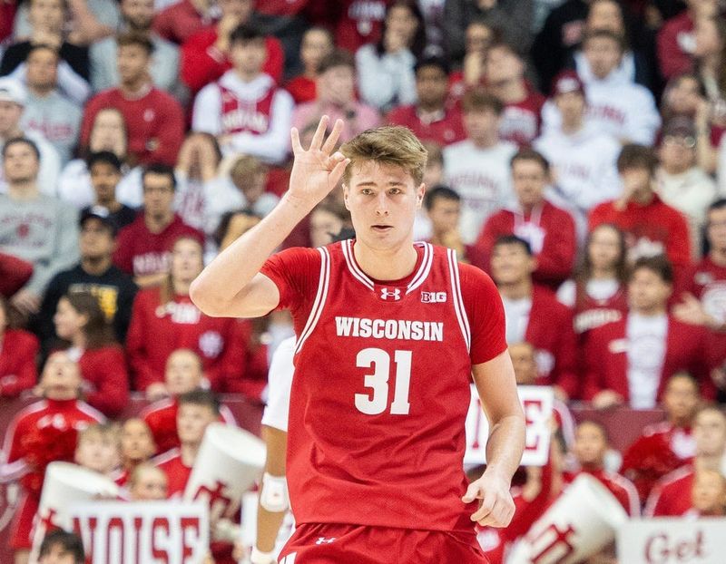 Wisconsin's Nolan Winter (31) celebrates a three-pointer during the Indiana versus Wisconsin men's basketball game at Simon Skjodt Assembly Hall on Saturday, Feb. 7, 2026.