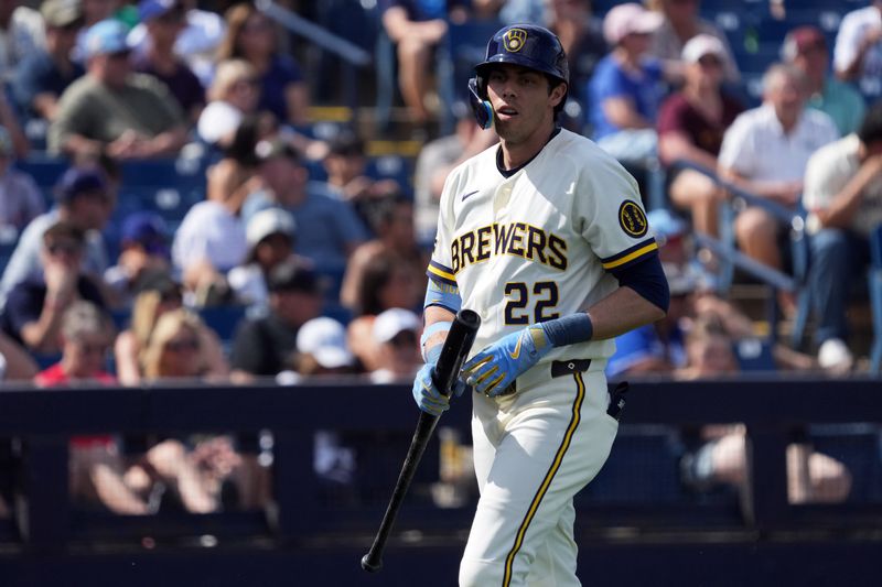 Milwaukee Brewers left fielder Christian Yelich strikes out against the Los Angeles Dodgers in the third inning at American Family Fields of Phoenix on March 9, 2026, in Phoenix, Arizona.