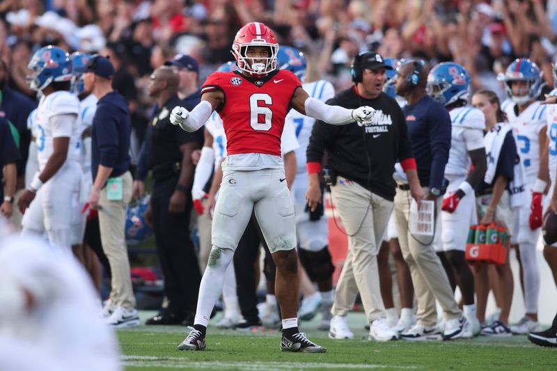 Oct 18, 2025; Athens, Georgia, USA; Georgia Bulldogs defensive back Daylen Everette (6) reacts after a stop on third down against the Mississippi Rebels during the second half of the game at Sanford Stadium. Mandatory Credit: Brett Davis-Imagn Images