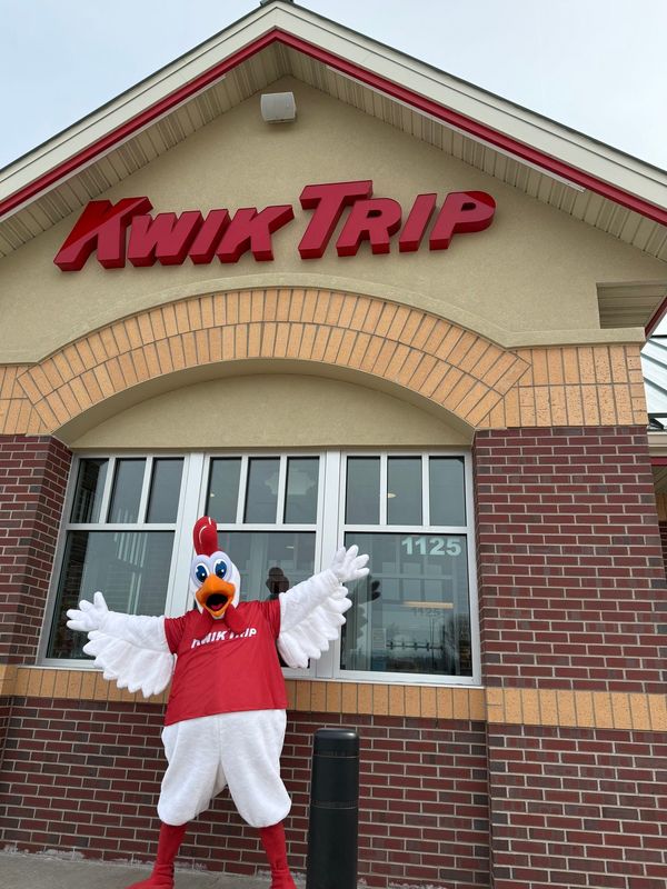 Kwik Trip's new mascot, Red the chicken, poses for its debut on the convenience store's Facebook page.