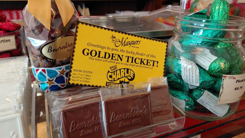 To promote ‘Charlie and the Chocolate Factory,’ Beerntsen’s in Manitowoc created a Golden Ticket chocolate bar; five tickets are hidden inside. Each winner (plus one) gets a free ticket to any Masquers performance May 7-9, 2026.