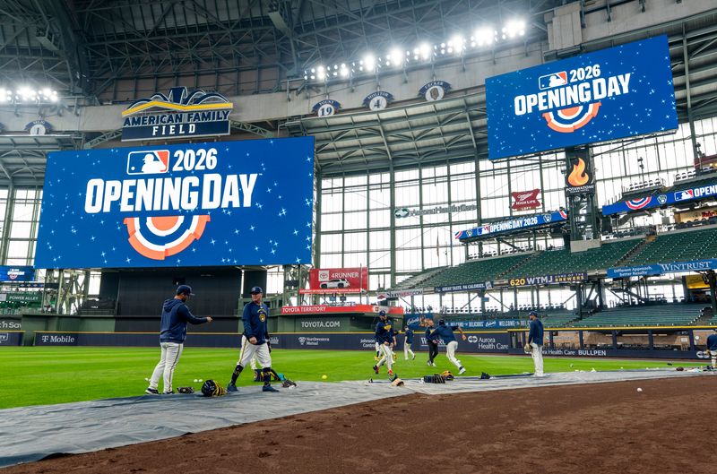 The Milwaukee Brewers warm up before the Opening Day game against the Chicago White Sox on March 26, 2026, at American Family Field.