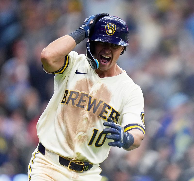 Milwaukee Brewers right fielder Sal Frelick (10) homers (1) on a fly ball to right field during the fifth inning of the Opening Day game against the Chicago White Sox on Thursday March 26, 2026 at American Family Field in Milwaukee, Wisconsin.