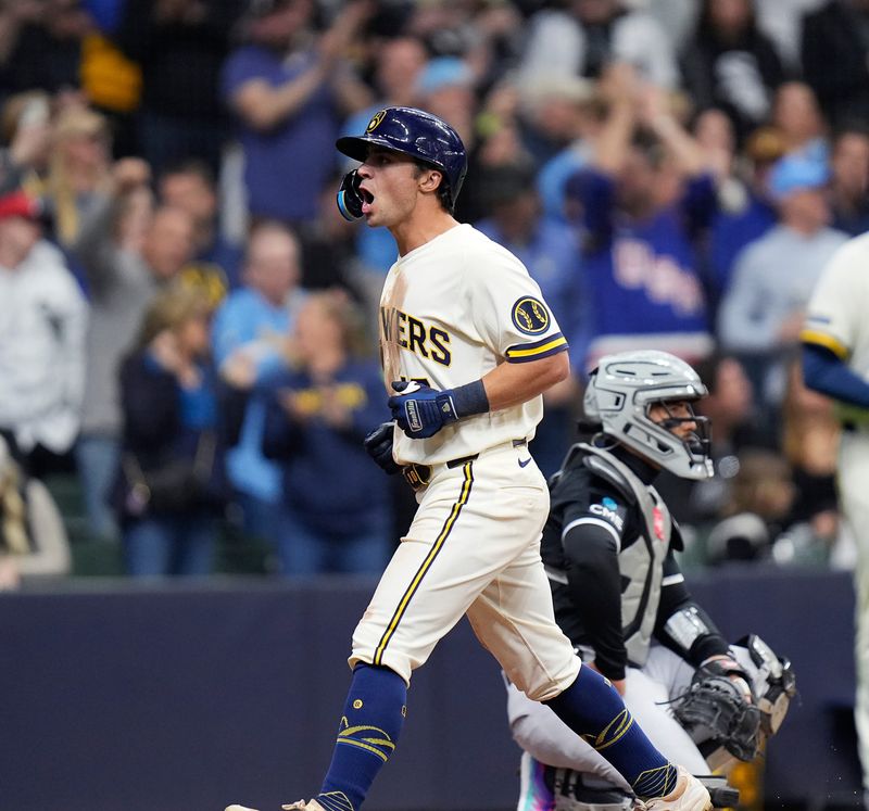 Milwaukee Brewers right fielder Sal Frelick (10) homers (1) on a fly ball to right field during the fifth inning of the Opening Day game against the Chicago White Sox on Thursday March 26, 2026 at American Family Field in Milwaukee, Wisconsin.