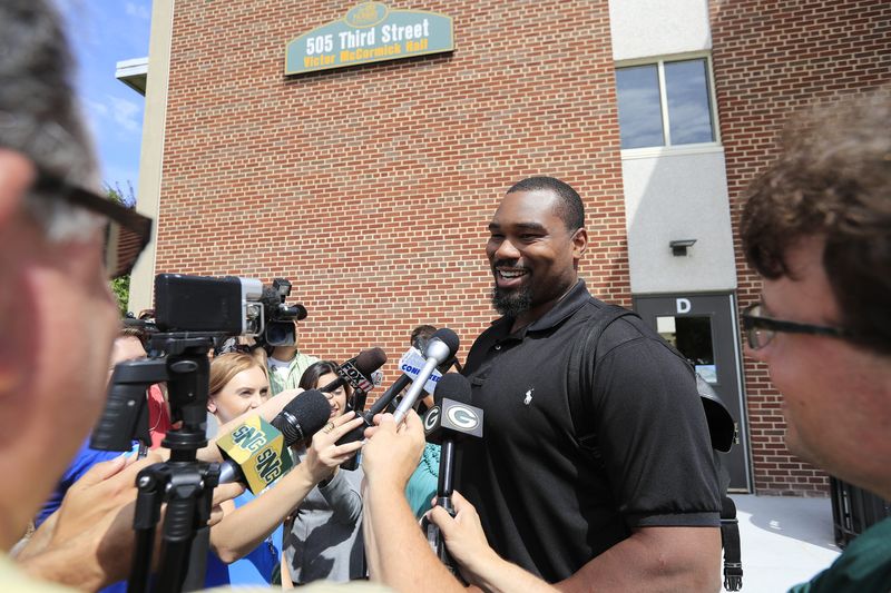Green Bay Packers guard Jahri Evans talks to members of the media as Packers players move their things into Victor McCormick Hall at St. Norbert College in preparation for summer training camp on Tuesday, July 25, 2017, in De Pere, Wis.
