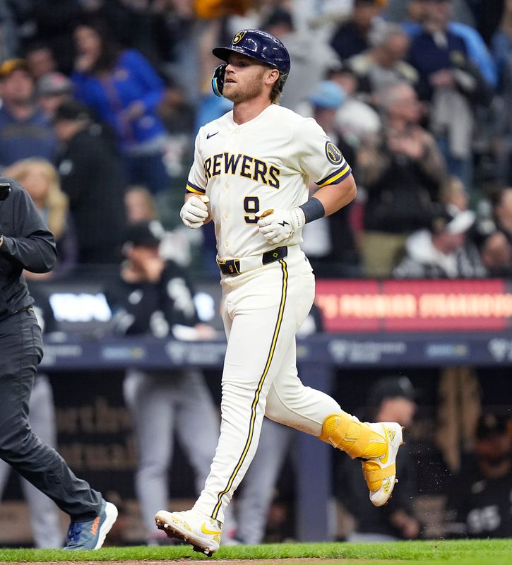 Milwaukee Brewers left fielder Jake Bauers rounds the bases after hitting a home run in the seventh inning against the White Sox on opening day, March 26, at American Family Field.