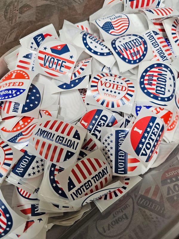 A container of "I voted" stickers at the Town of Hull town hall on March 3, 2026.