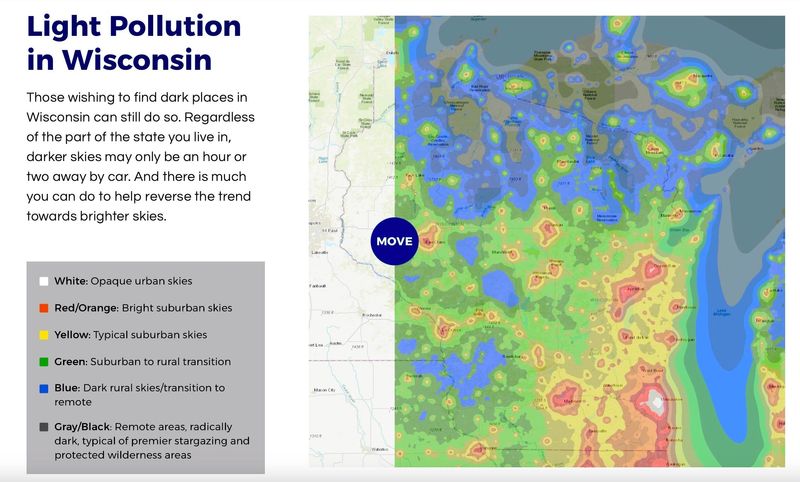 A Wisconsin map is colored with relative amounts of light pollution, with the greatest in urban and suburban areas and some northern areas with very little.