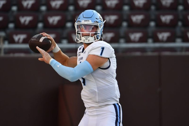 Sep 13, 2025; Blacksburg, Virginia, USA; Old Dominion Monarchs quarterback Colton Joseph (1) warms up before the game at Lane Stadium. Mandatory Credit: Brian Bishop-Imagn Images