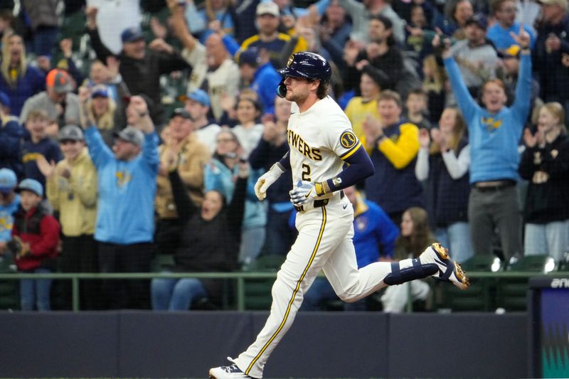 Milwaukee Brewers second baseman Brice Turang (2) rounds the bases after hitting a home run against the Tampa Bay Rays in the third inning at American Family Field.
