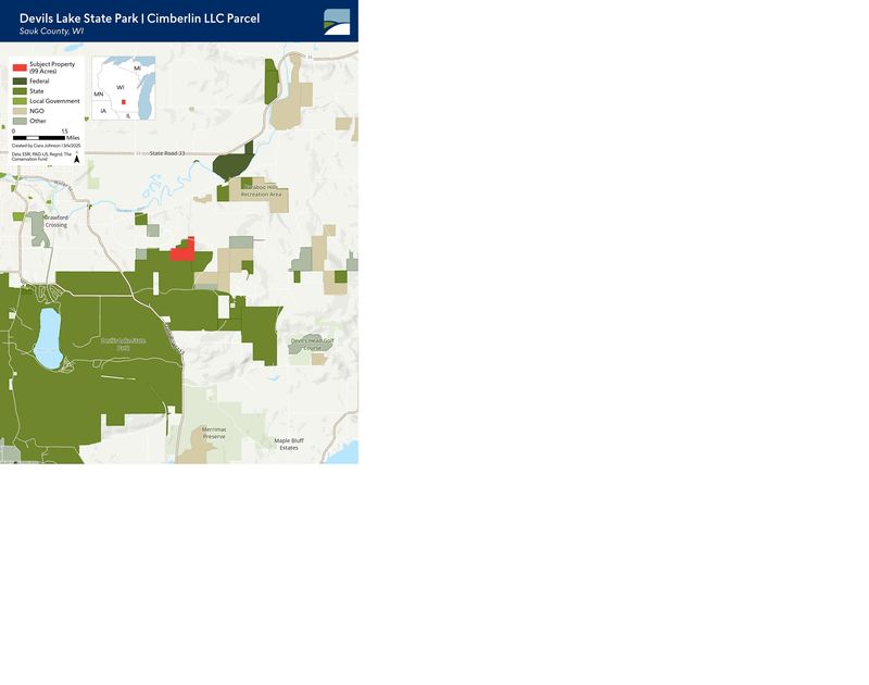 A map depicting the newest expansion of Devil's Lake State Park in Baraboo, Wisconsin.