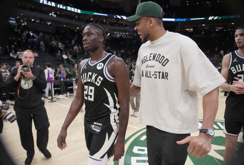 Milwaukee Bucks forward Alex Antetokounmpo (29) and his brother forward Giannis Antetokounmpo are shown after their game Friday, April 3, 2026 at Fiserv Forum in Milwaukee, Wisconsin. The Boston Celtics beat the Milwaukee Bucks 133-101.