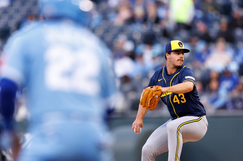 Apr 4, 2026; Kansas City, Missouri, USA; Milwaukee Brewers pitcher Logan Henderson (43) pitches during the second inning against the Kansas City Royals at Kauffman Stadium. Mandatory Credit: William Purnell-Imagn Images
