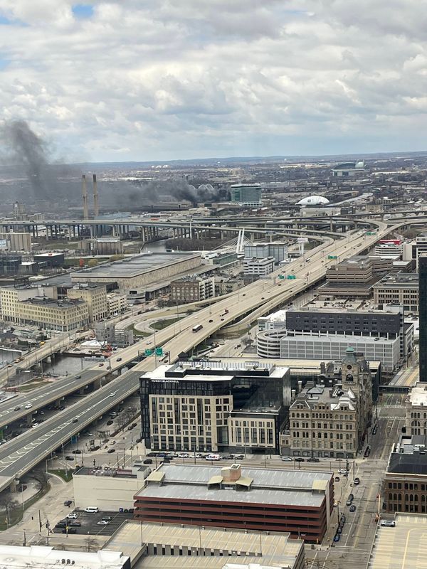 Smoke from a fire at Potawatomi Casino is seen from downtown Milwaukee just before noon on April 6.