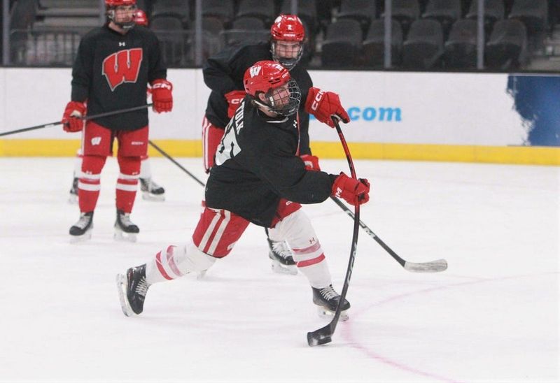 Wisconsin's Oliver Tulk takes a shot during practice for the Frozen Four at T-Mobile Arena in Las Vegas, Nevada on Wednesday April 8, 2026.