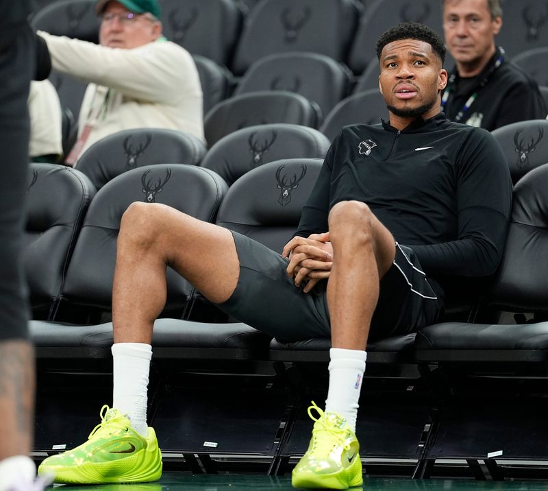 Milwaukee Bucks forward Giannis Antetokounmpo (34) is seen watching teammates warm up before their game against the Brooklyn Nets on Friday April 10, 2026 at Fiserv Forum in Milwaukee, Wisconsin.