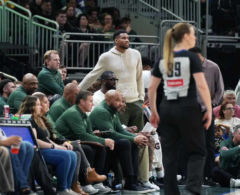 Milwaukee Bucks forward Giannis Antetokounmpo (34) is seen on the sidelines during the second half of the game against the Brooklyn Nets on Friday April 10, 2026 at Fiserv Forum in Milwaukee, Wisconsin.
