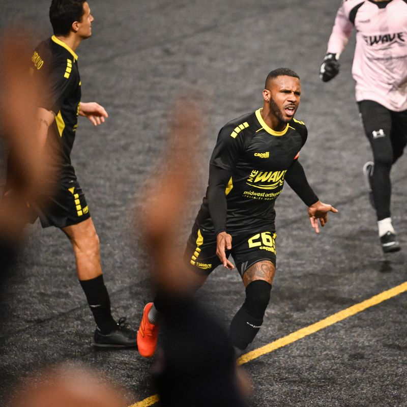 Milwaukee Wave forward Ian Bennett (26) celebrates his fourth-quarter goal against the Baltimore Blast in a game Friday, April 10, 2026, at the UWM Panther Arena in Milwaukee, Wisconsin. Baltimore won, 7-5.