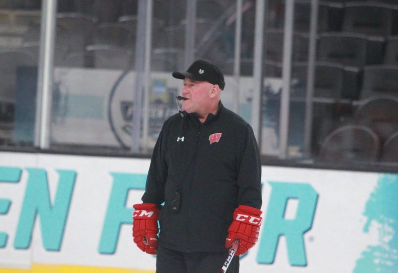 Wisconsin coach Mike Hastings watches a drill during the team's final practice of the season on Friday April 10, 2026 at T-Mobile Arena in Las Vegas, Nevada..