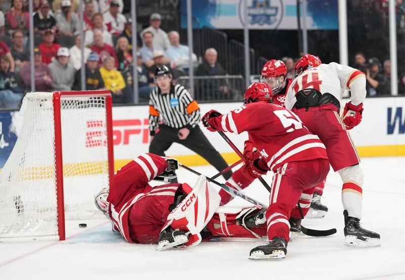 Apr 11, 2026; Las Vegas, Nevada, United States; Denver Pioneers forward Rieger Lorenz (14) scores a goal past Wisconsin Badgers goaltender Daniel Hauser (31) during the third period in the championship game of the NCAA men's ice hockey Frozen Four at T-Mobile Arena. Mandatory Credit: Lucas Peltier-Imagn Images