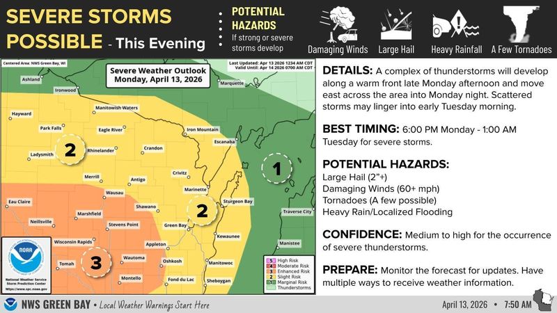 Severe storms, including chances of hail and tornadoes, is expected to pass through central Wisconsin April 13, 2026.