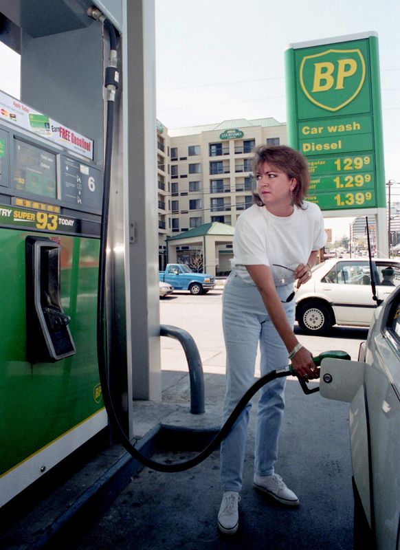Patricia Gray pumps gas at the BP station at West End Avenue on April 12, 1996. Gasoline prices in Middle Tennessee now stand at five-year highs for this time of year.