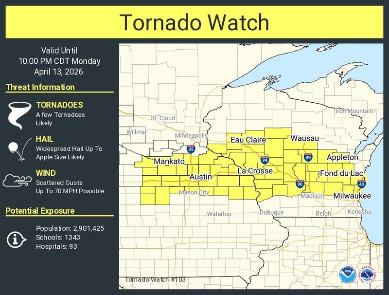 Appleton is part of a tornado watch in the region tonight.