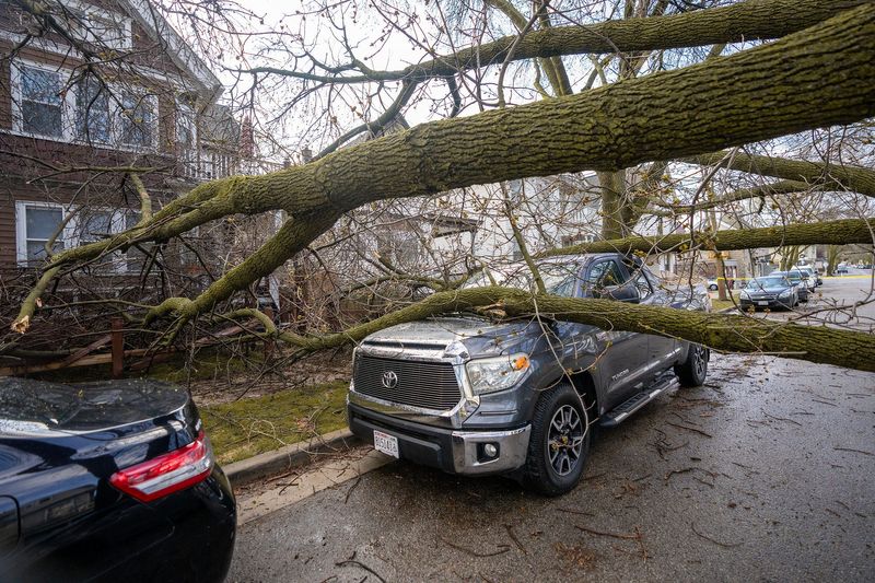 A fallen tree lays on a vehicle South 20th Street just north of West Greenfield Avenue in Milwaukee, on April 14, 2026. Severe storms blew through the early Tuesday causing damage and power outages.