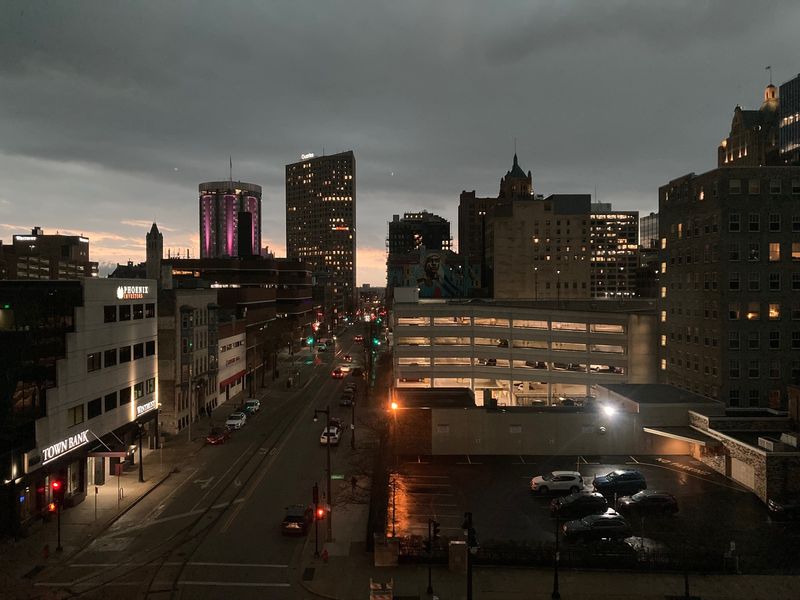 Storms passing through downtown Milwaukee on Tuesday, April 14, 2026