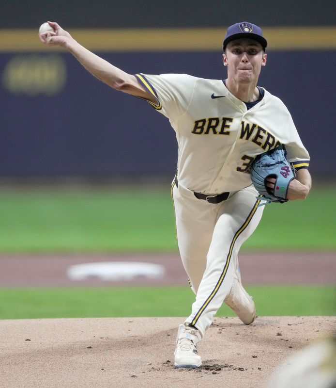 Milwaukee Brewers pitcher Jacob Misiorowski (32) throws during the first inning of their game against the Toronto Blue Jays Tuesday, April 14, 2026 at American Family Field in Milwaukee, Wisconsin.