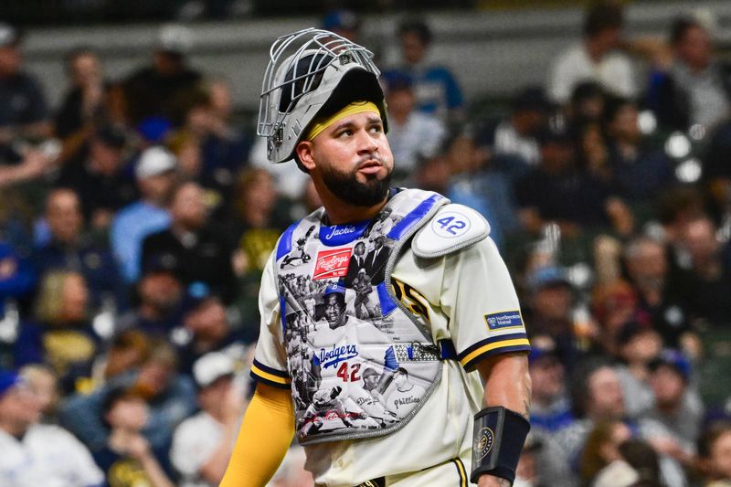 Milwaukee Brewers catcher Gary Sanchez wears a special chest protector to commemorate Jackie Robinson Day during the game against the Toronto Blue Jays at American Family Field on April 15, 2026.