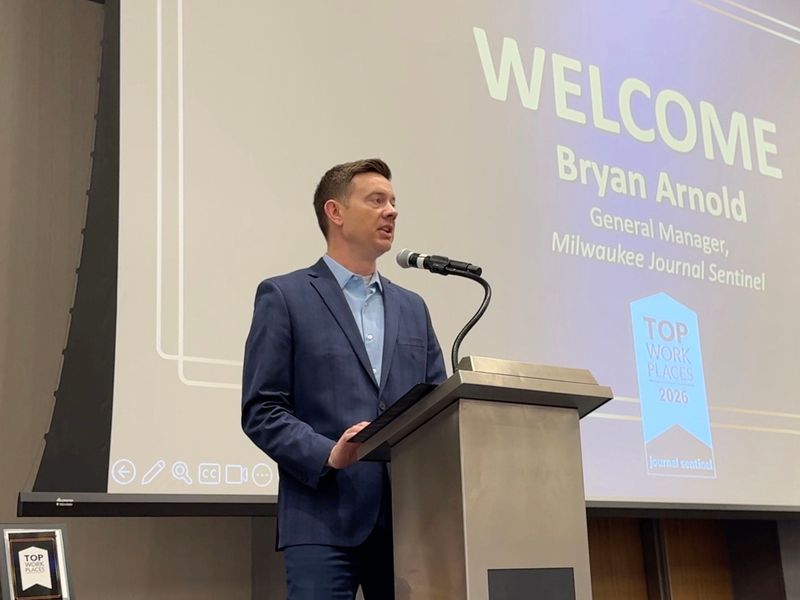 Milwaukee Journal Sentinel General Manager Bryan Arnold speaks during the celebration of southeast Wisconsin’s 2026 Top Workplaces in Brookfield, on April 16, 2026. More than 700 business leaders gathered as 164 companies were recognized in the 17th year of the Milwaukee Journal Sentinel–sponsored program, with winners selected in partnership with research firm Energage.